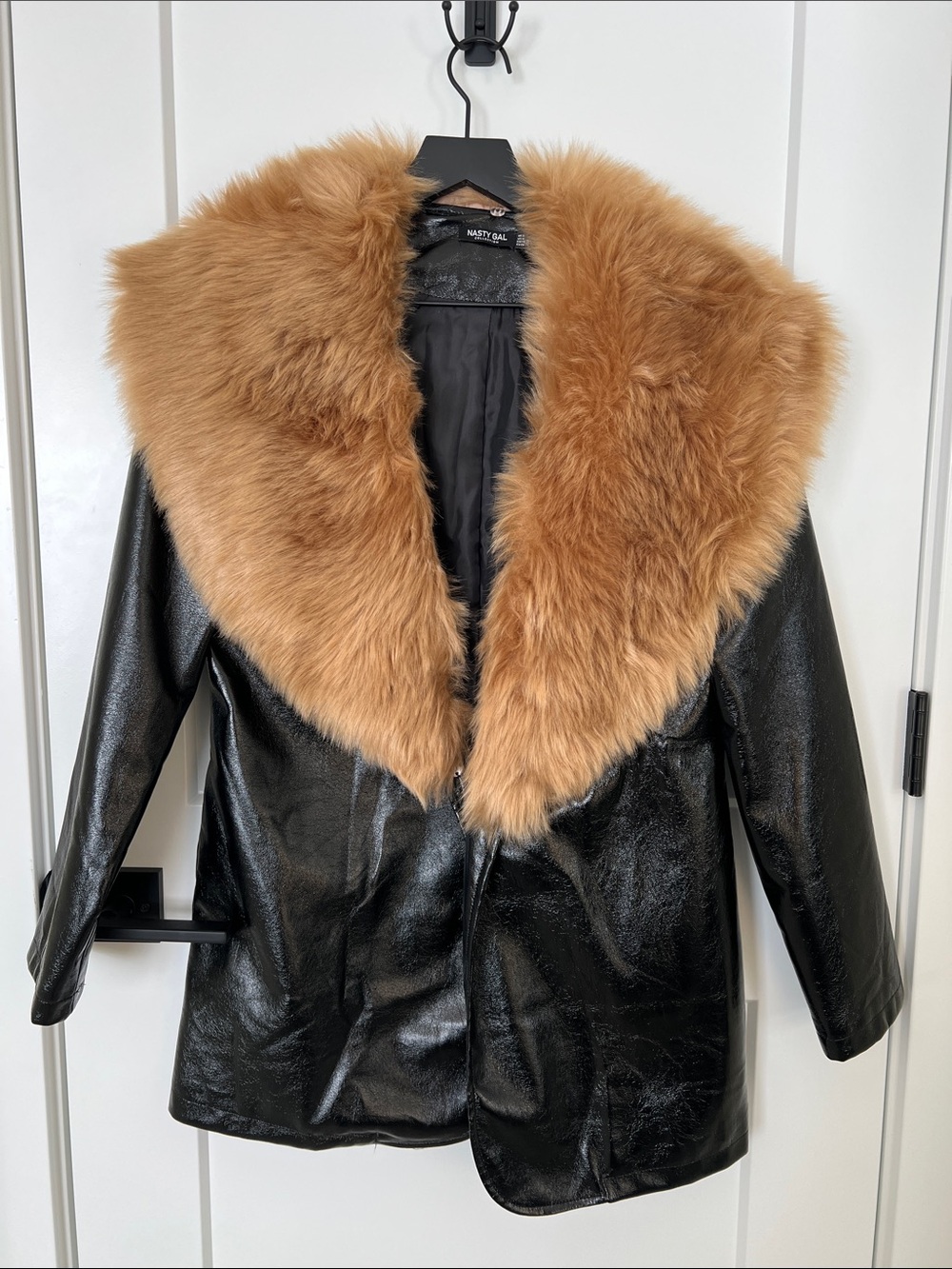 Nasty Gal Black Faux Leather Jacket with Detachable Tan Faux Fur Shawl Collar